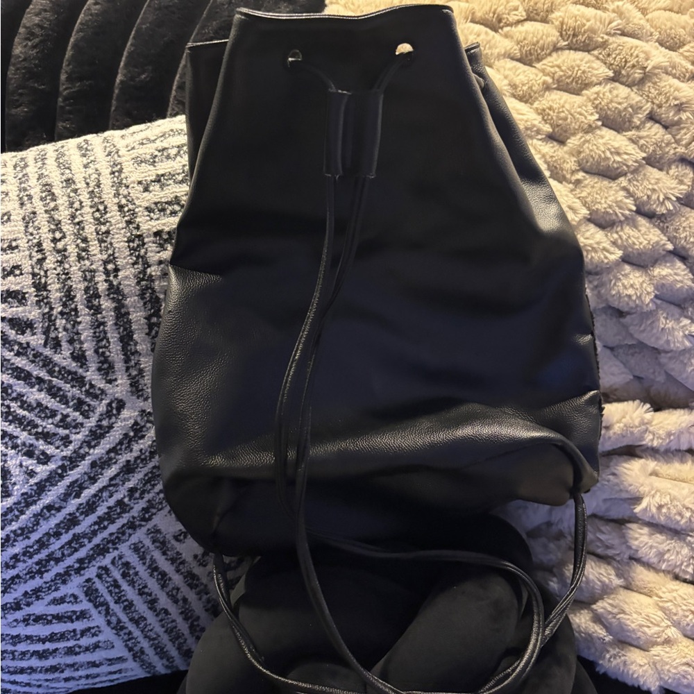 Elegant Black Leather Drawstring Bag